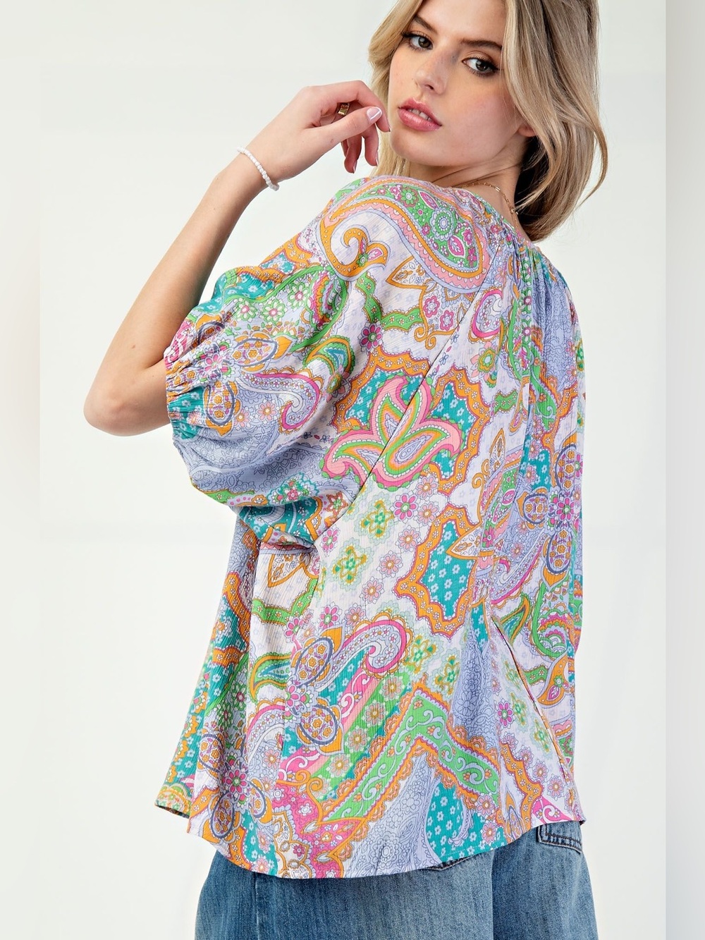 Easel Vintage Lime Printed Peach Blossom Woven Top - Picture 3 of 4